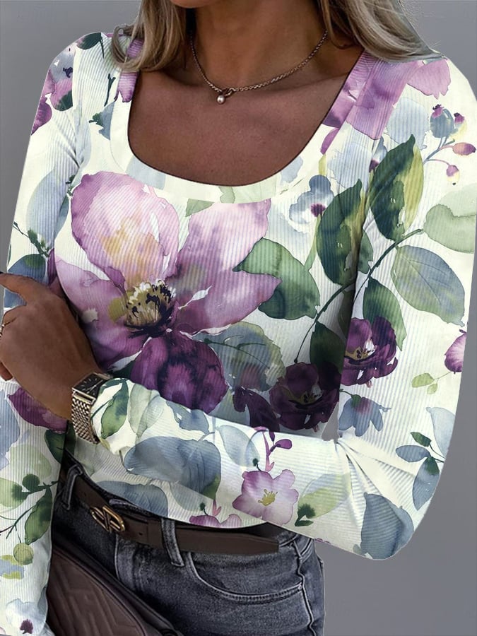 Women's Alzheimer's Art Design Square Neck Pitted Fabric Long Sleeve T-Shirt